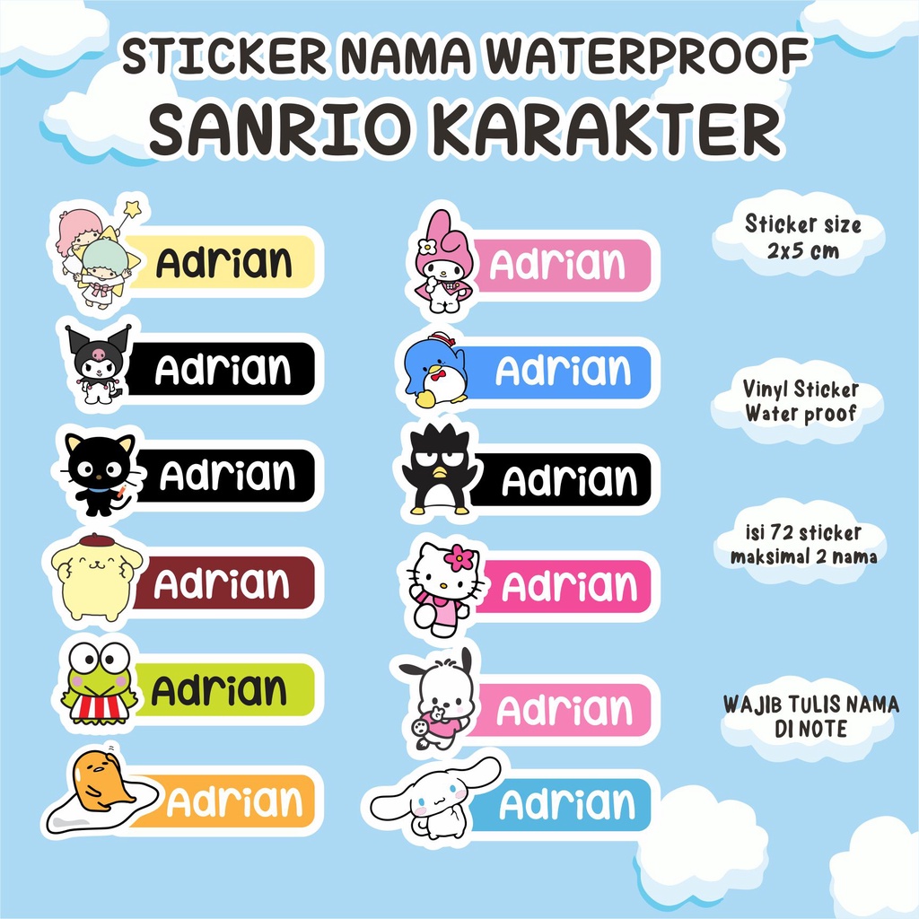 

DAPAT SEMUA KARAKTER !! SANRIO KARAKTER STIKER NAMA WATERPROOF 72 PCS