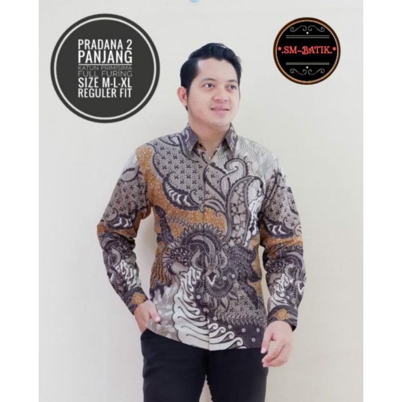 Kemeja Batik Lengan Panjang Excluaive Batik Pria Lapis Furing Warna Putih Abu PRADANA 2