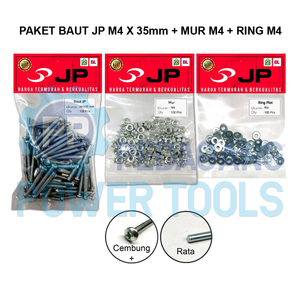 PAKET 3 SET JP M 4x35 BAUT MUR RING PLAT M 4 x 35 MUR M4 ISI 100 PCS