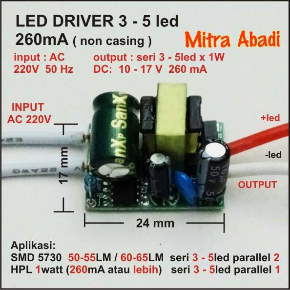 LED Driver 3-5x1 Watt 260 mA AC-DC Tanpa Casing