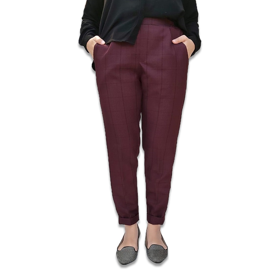 [CYC | COD] REALPICT | Bawahan Tartan Pants Square Maroon | Micro Wool Celana Kotak-kotak Baggy Wanita Trendy Murah