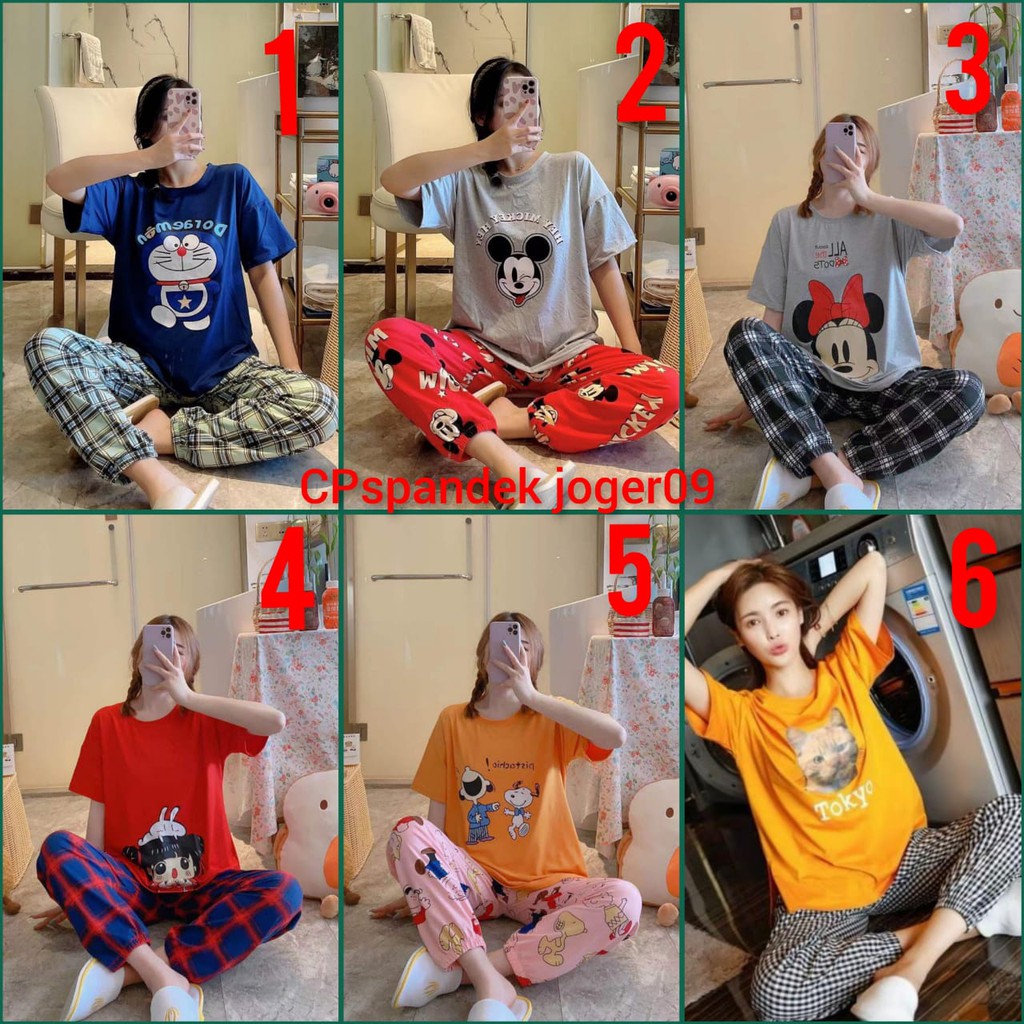 Baju tidur piyama lengan pendek celana panjang model joger bahan spandek import CPspandek09