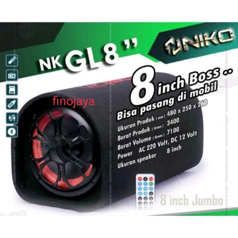 NIKO GL8 - Speaker Bluetooth Tabung 8 inch - Subwoofer Car speaker GL 8 -