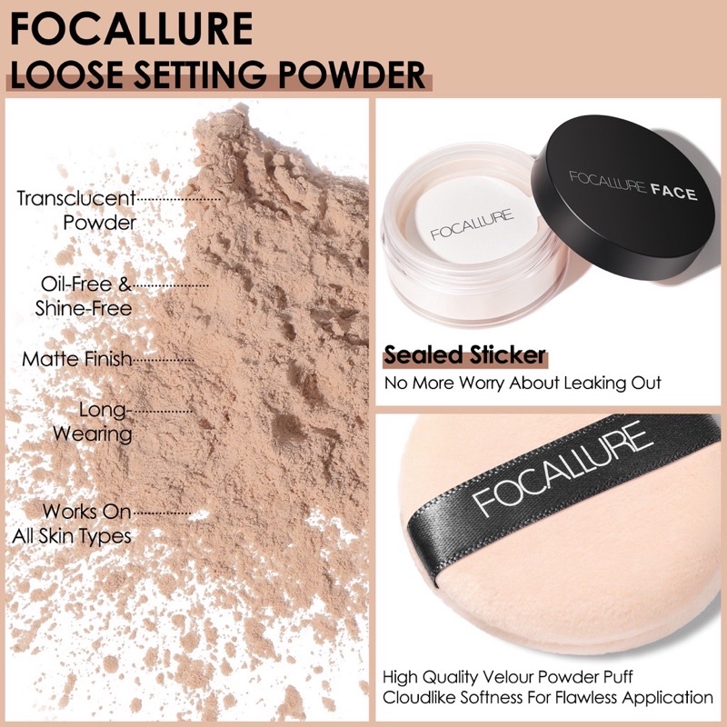 FOCALLURE Oil Control Loose Powder Natural Bedak Tabur- Hingga 12 Jam Make Up
