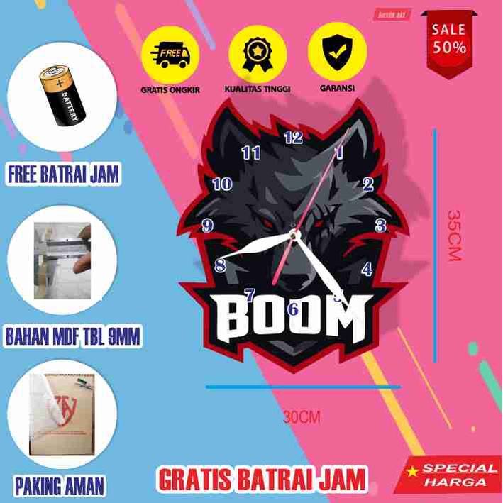 JAM DINDING UNIK BESAR 3D DEKORASI KAMAR KARAKTER LOGO BOOM ESPORTS KOLEKSI GAMERS TERBARU KEREN SOUVENIR CUSTOM