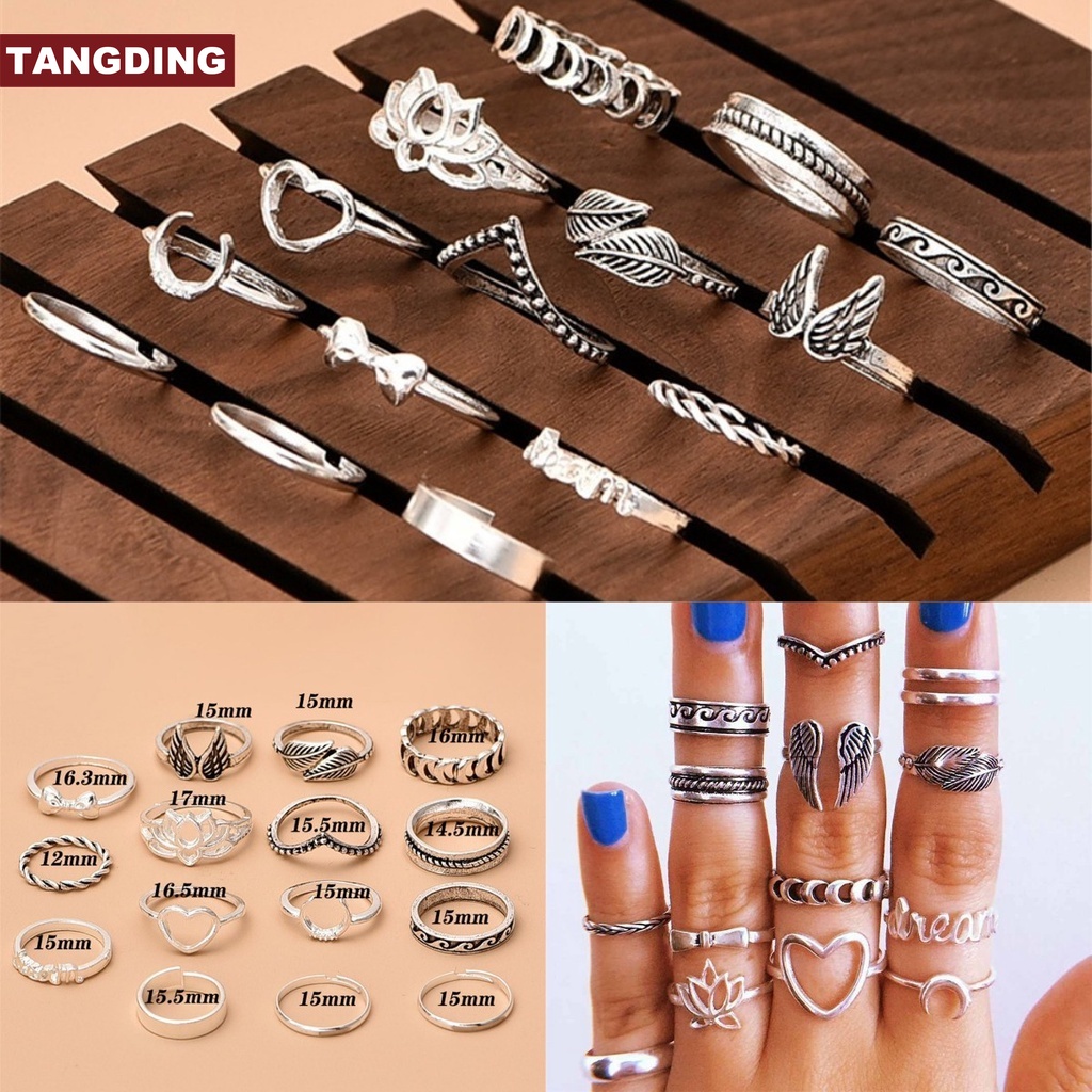 【COD Tangding】15pcs/set Bohemian Style Vintage Silver Bow Lotus Wing Leaf Feather Heart Combination Ring Fashion Accessories Jewelry