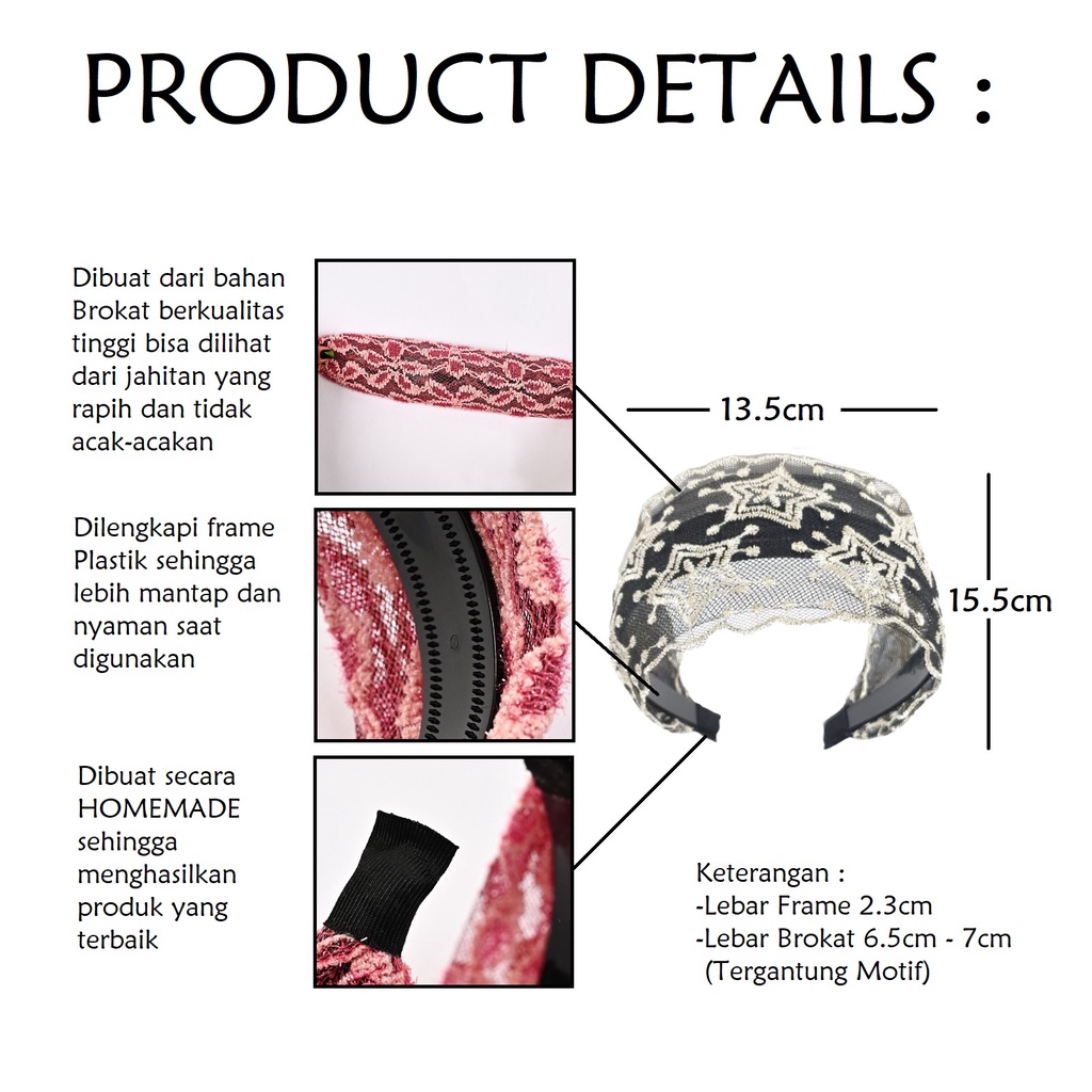 Bando Bandana Korea Lebar 7cm Rambut Wanita Dewasa Bahan Brokat Lucu Unik Fashion