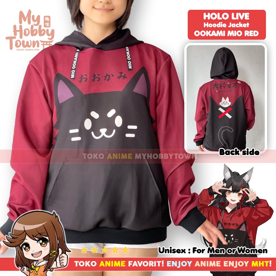 Jaket Hoodie Sweater Anime Holo Live Ookami Mio Red Impression Cosplay