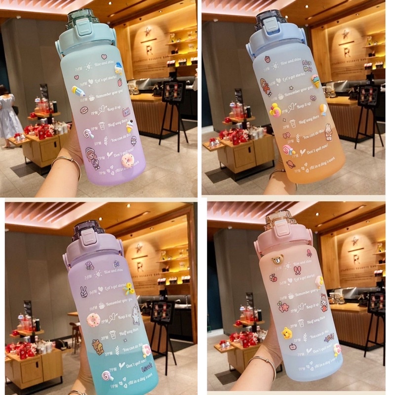 Botol Minum Viral Jumbo Transparan Full Colour Travel Sport Water Botol Minum Motivasi Penanda Waktu