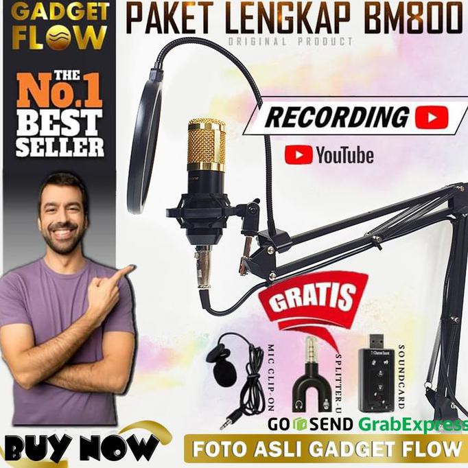 MICROPHONE MIC KONDENSER BM 800 PAKET RECORDING / STAND + POP FILTER - HITAM