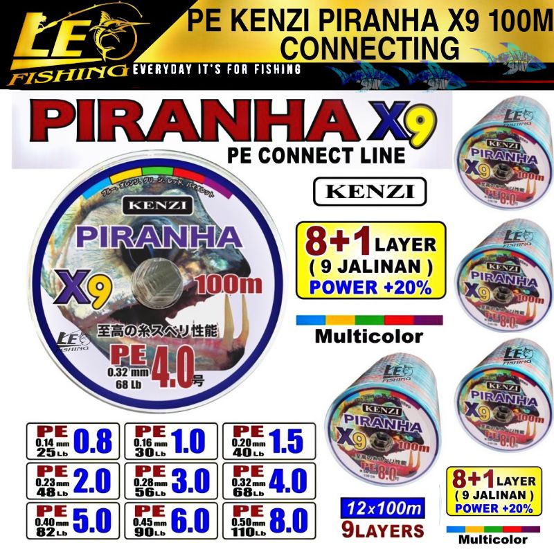 PE KENZI PIRANHA X9 PANJANG 100M CONNECTING 0.8 1.0 2.0 3.0 4.0 5.0 6.0 8.0 PANJANG 100M MULTICOLOR