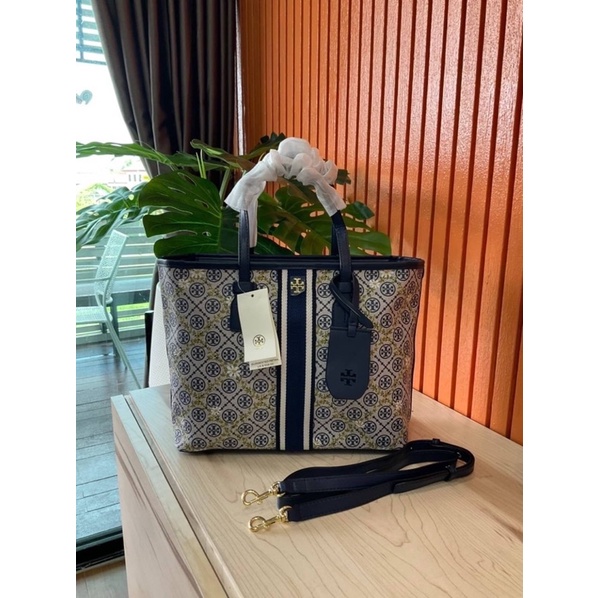 Tory Burch T Monogram Top Zip Floral Vine Tote Bag Large