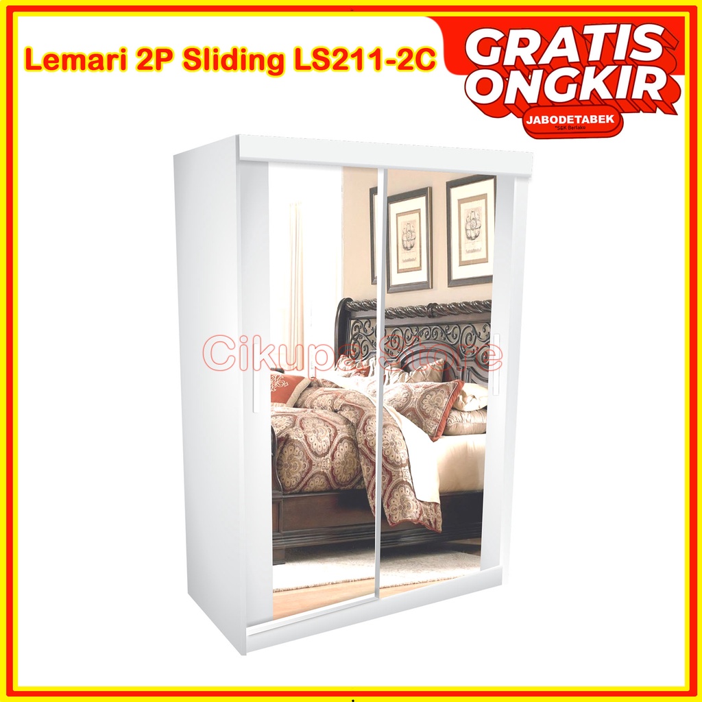 Lemari Pakaian 2 Pintu Sliding LS211-2C + 2 Kaca - Putih