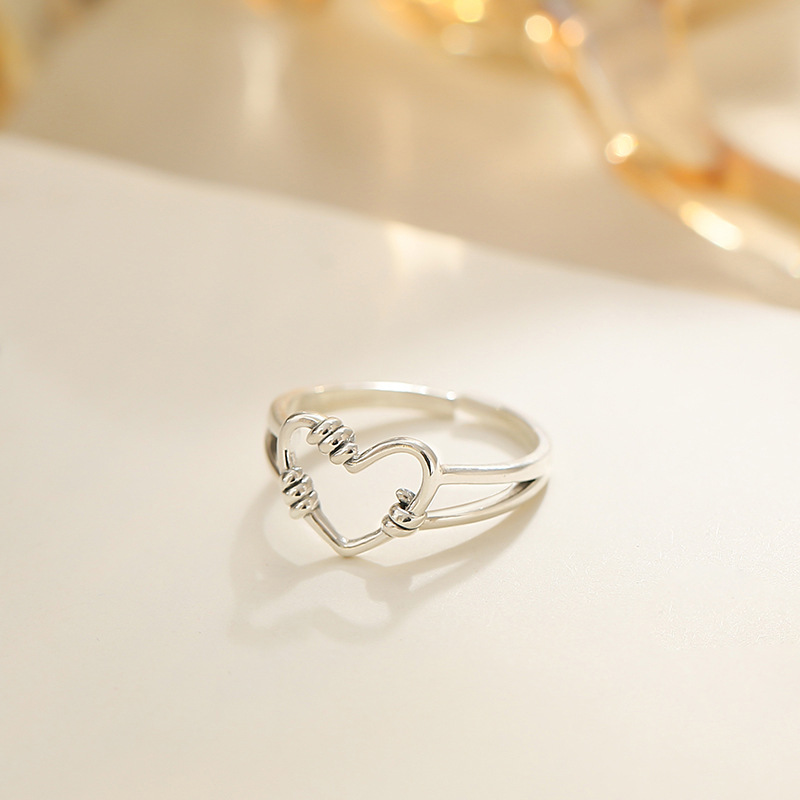 Korean Retro Love Heart Hollow Out Open Rings Female INS Trend Sweet Handmade Hip-hop Fashion Hip-hop Ring Silver Color