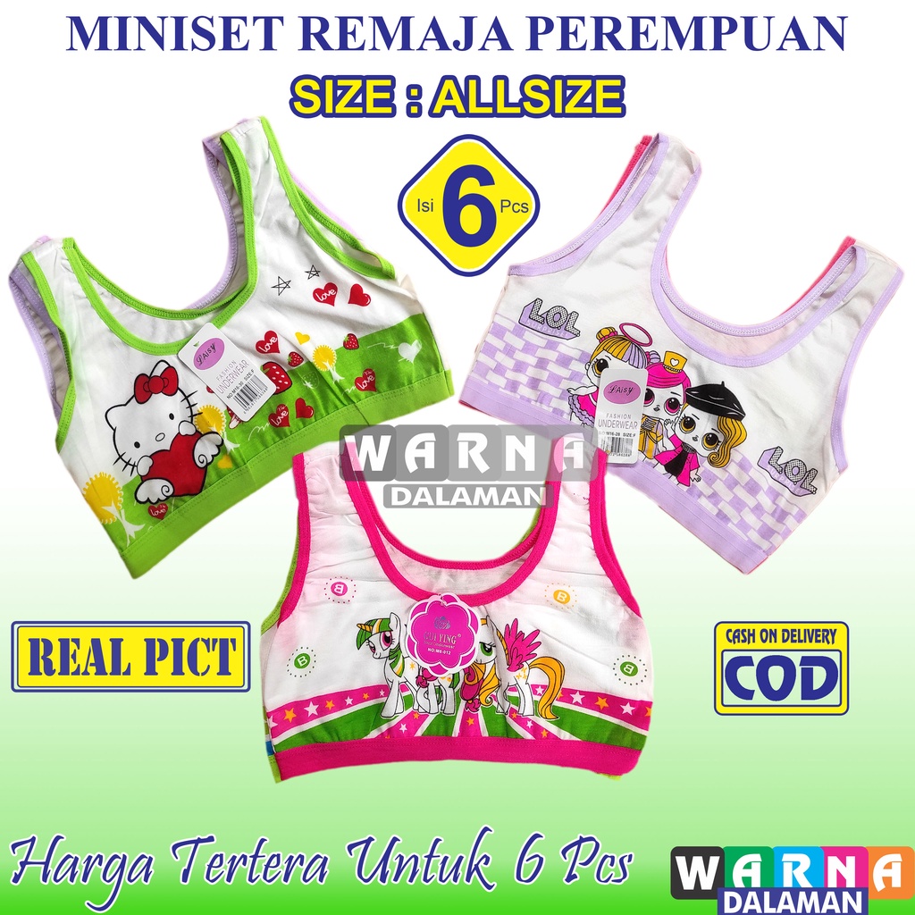 6 Pcs Miniset Katun Putih Motif Gambar Karakter Anak Remaja Perempuan  SD SMP WARNA DALAMAN