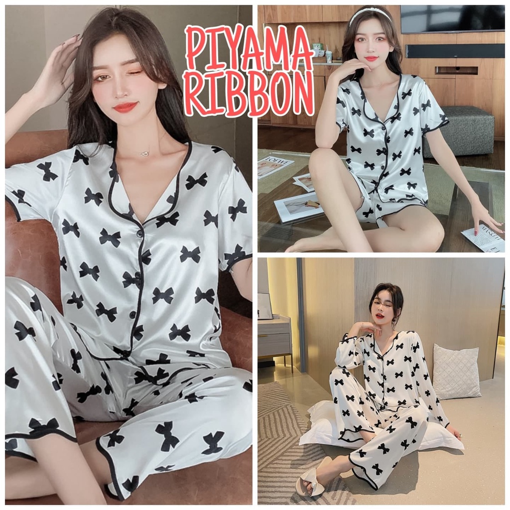 PIYAMA SATIN RIBBON WANITA KOREA IMPOR BAJU TIDUR IMPORT BAJU SETELAN SANTAI DAILY