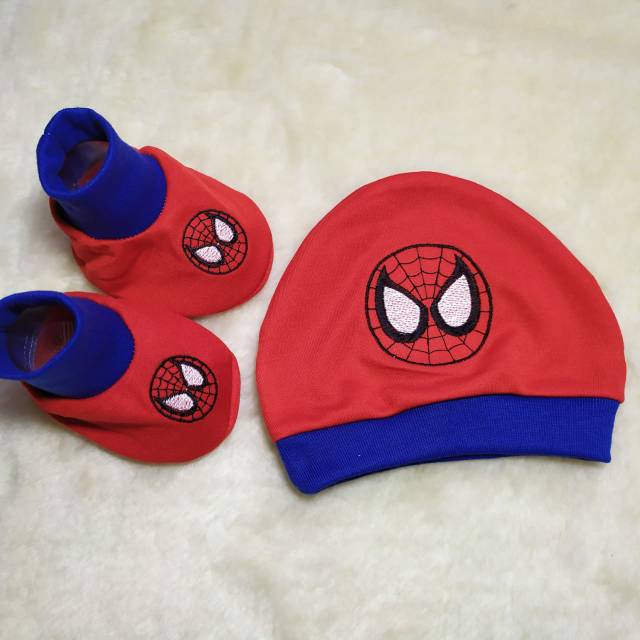 Ss#160 Set Topi Sepatu Bayi 0-6bulan / Topi dan Sepatu Baby motif Superhero/Topi Bayi Gratis Sepatu