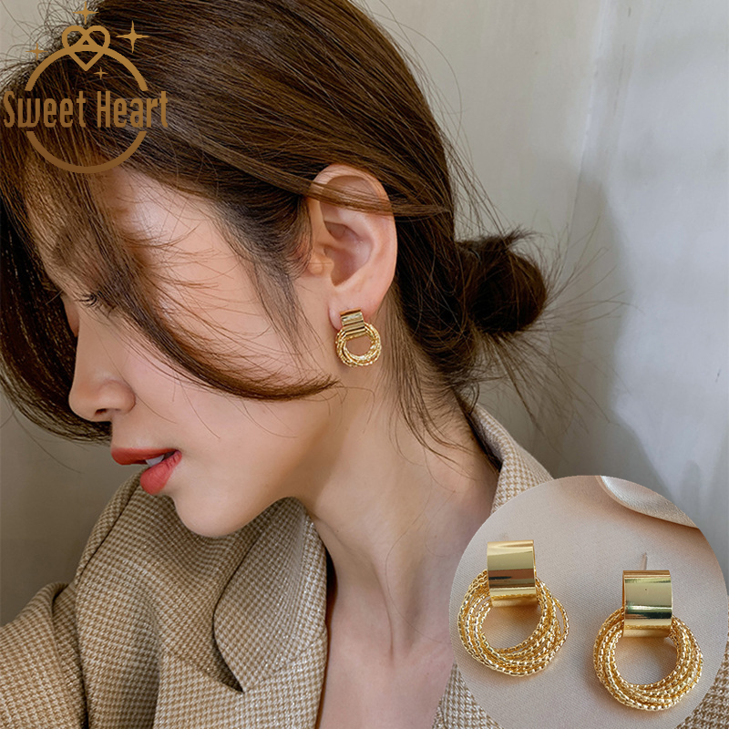 Anting Stud Bentuk Lingkaran Geometris Multilayer Untuk Wanita