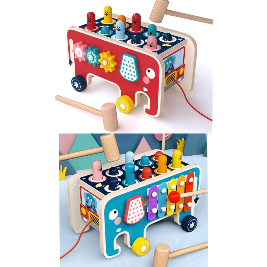 [BIG SALE] elephant hitting hamster wooden knock toys - pull push truck - mainan edukasi anak-Gear+xylophone