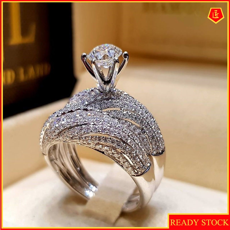 [Ready Stock]Full Diamond Double Layer Ring Set Female S925 Silver Luxurious and Simple