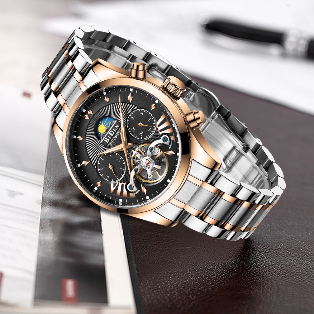 BIDEN Jam Tangan Pria Mewah Mode Bisnis Mekanik Tali Stainless Steel Tahan Air Jam Tangan