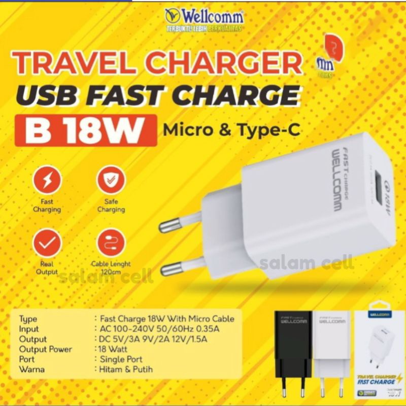 Charger WELLCOMM FAST CHARGE 18W Original Garansi Resmi