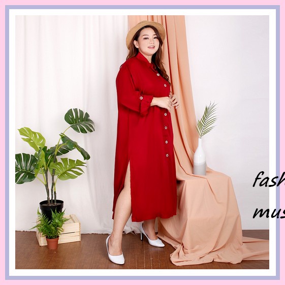 Vista Long Tunik White Putih Lilac Hitam Polos Katun Linen Halus Ld 110 Jumbo Fit Xxl Busui Kancing 