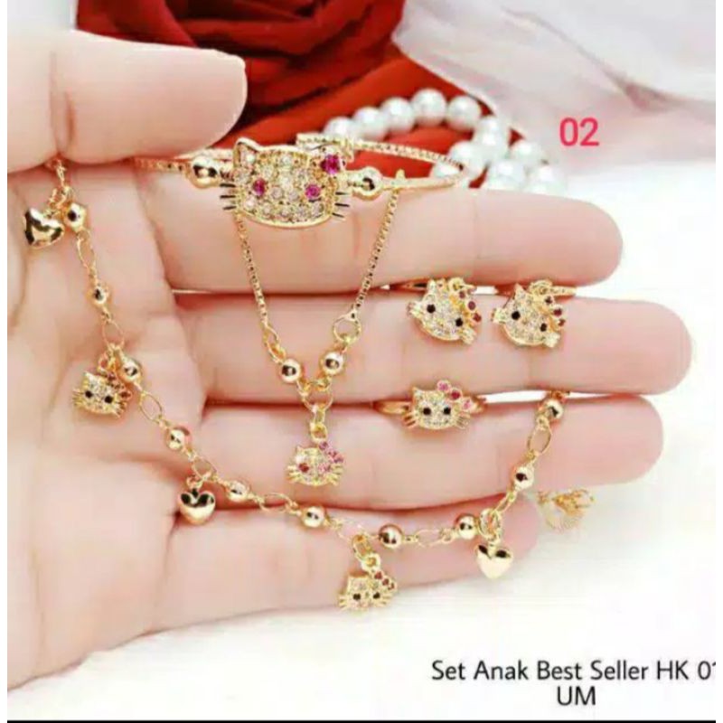 satu set perhiasan anak hello kitty gelang kalung cincin anting gelang kaki satu set terlaris