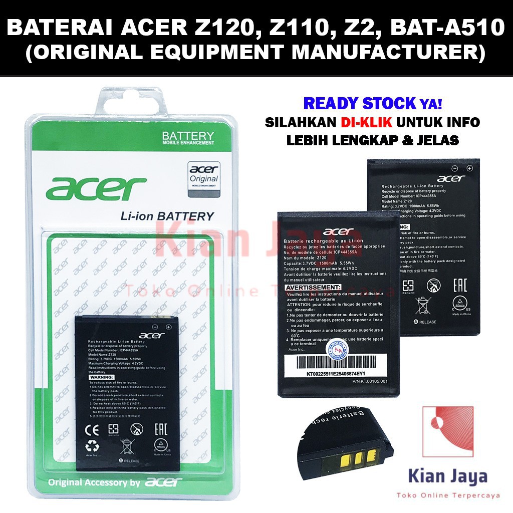 Baterai Handphone Acer Z120, Z110, Z2, BAT-A510 Original OEM Batrai Batre Battery