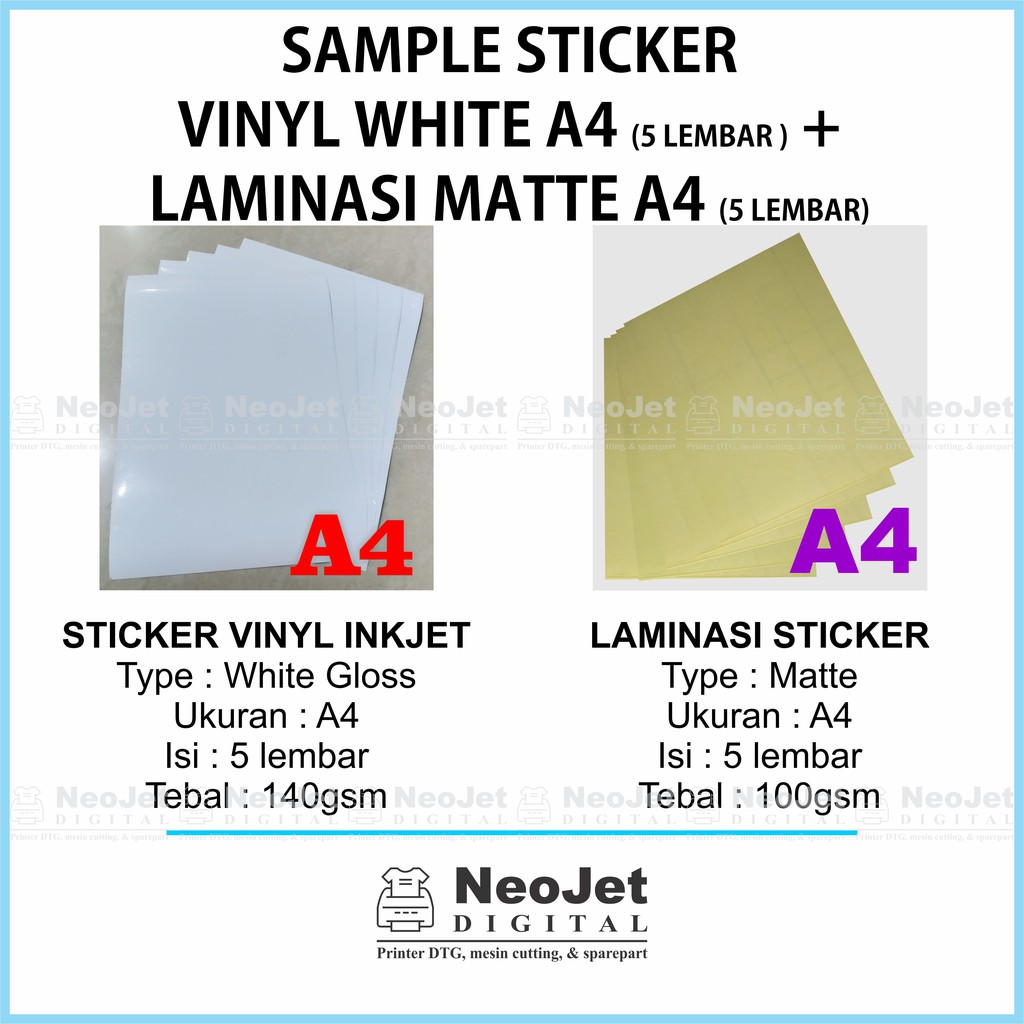 

Sample Sticker Stiker Vinyl Inkjet White Glossy + Laminasi Matte A4