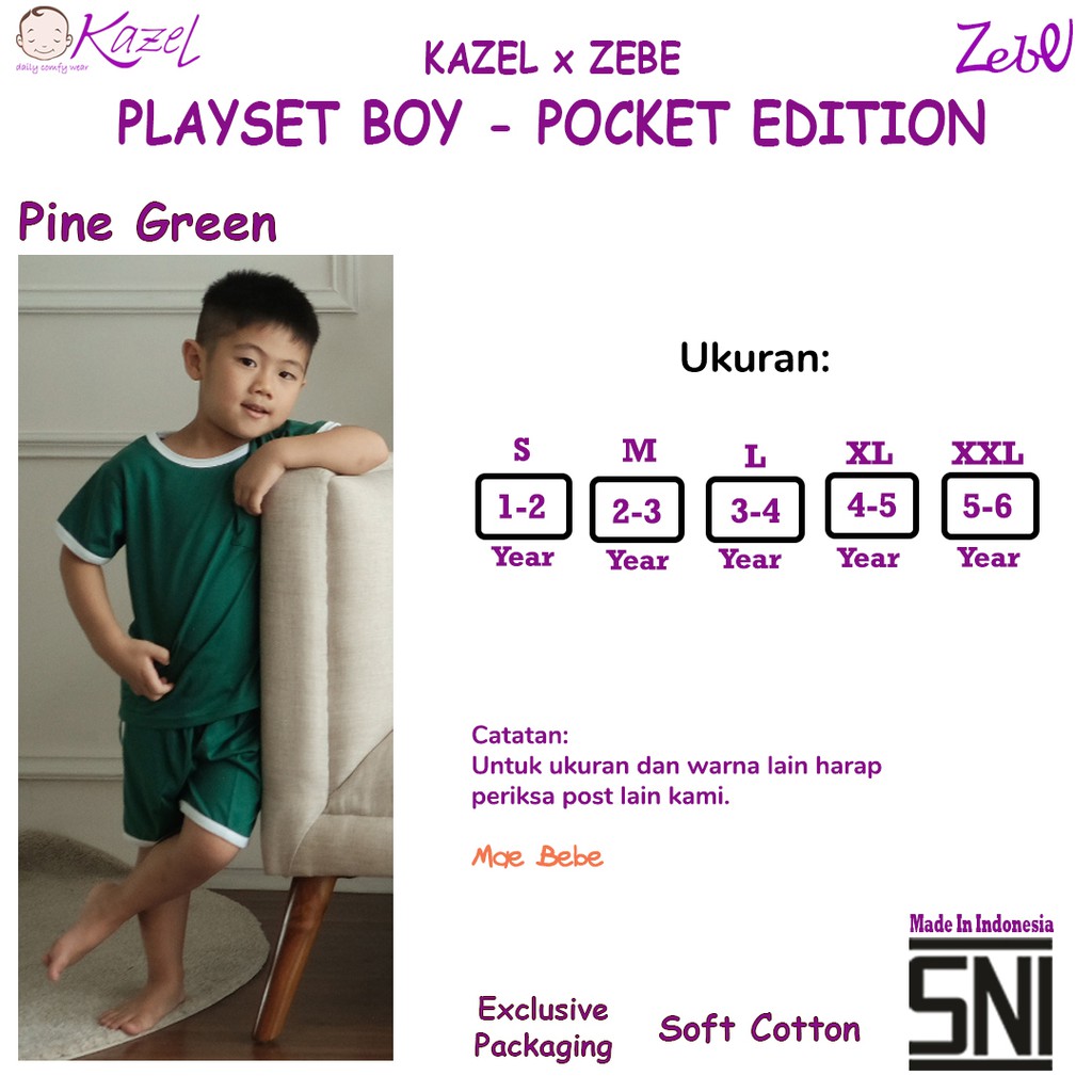 [Warna Pine Green Size S - XXL] Kazel Zebe Playset Boy Pocket Edition Setelan Pendek Harian Anak