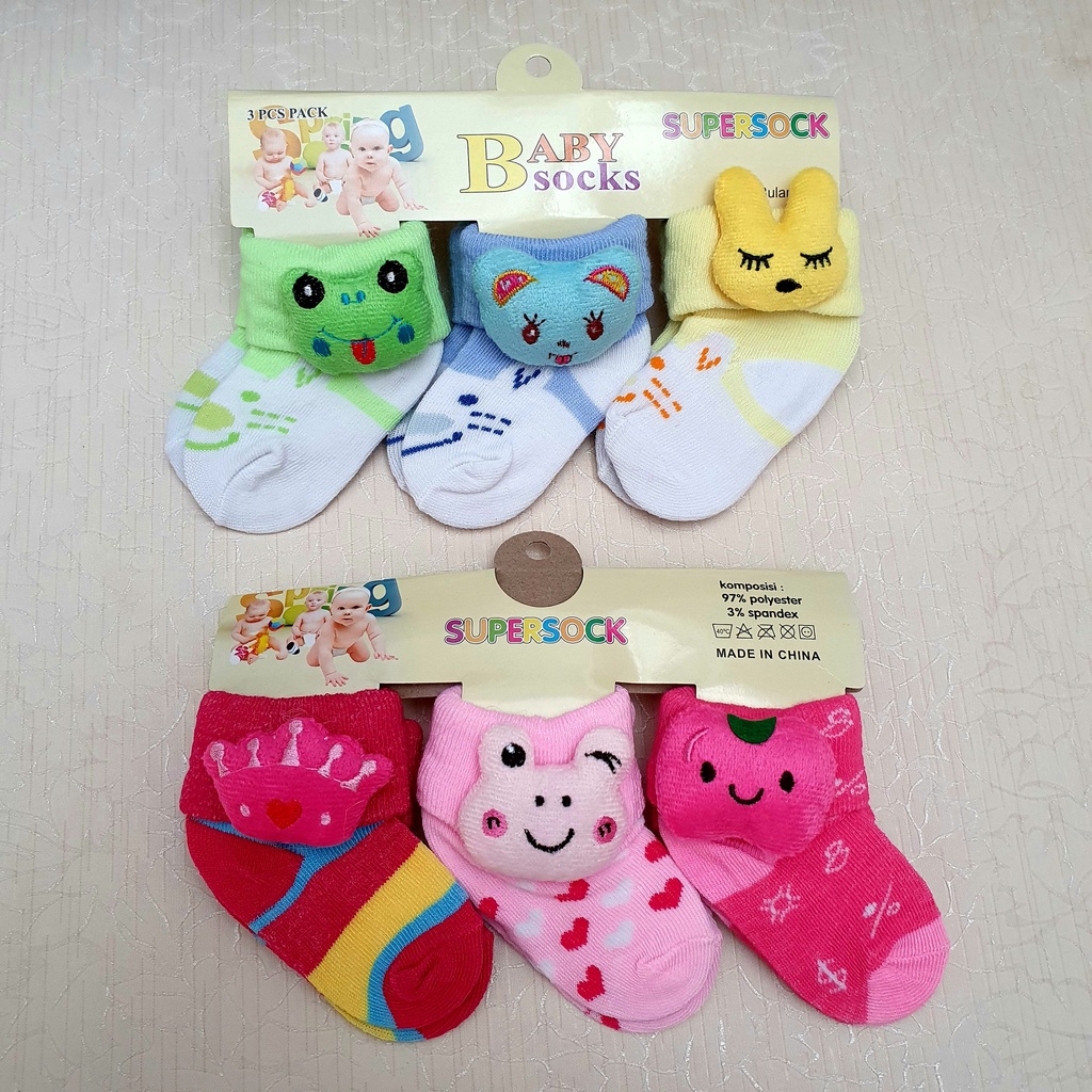 Kaos Kaki Bayi Lucu Murah Motif Boneka Samping Karakter 1 set isi 3 pcs