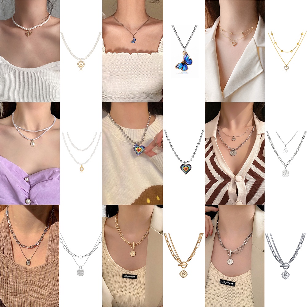 AY(CN) Multi-layer Chain Necklace Fashion Pearl Butterfly Love Heart Cherry Necklaces for Women Jewelry Accessories Gift