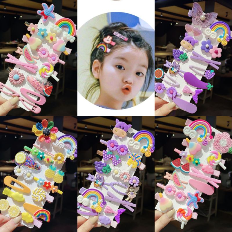 Jepitan Rambut Anak Korea Import 1Set isi 14Pcs -Jepit Rambut Anak isi 14 Macam Import - Jepitan Rambut Anak 1Set Rainbow Lucu