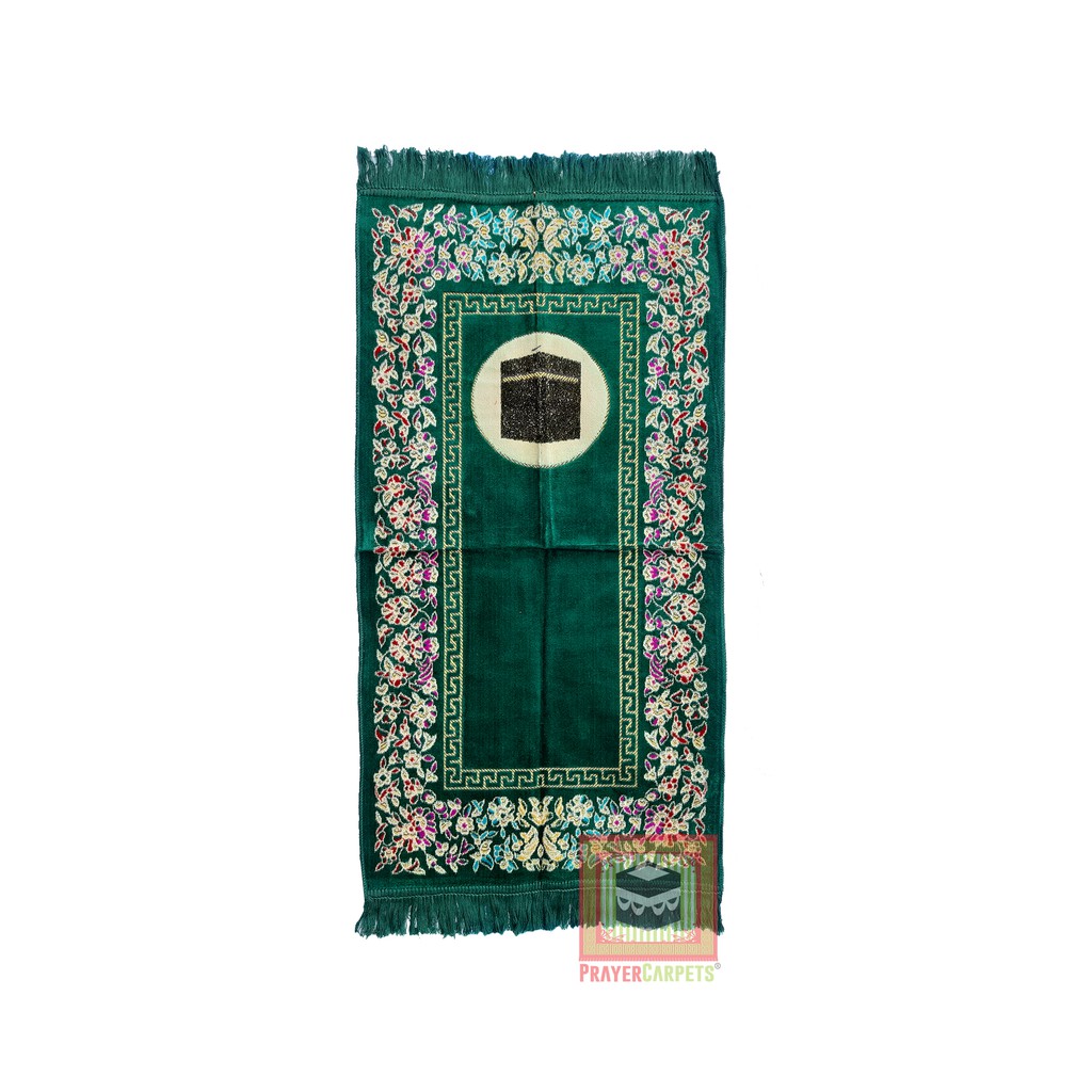 Sajadah Muslim Size 51x102cm Dark Green Desain Kakbah Dengan Glitter Emas Motif Bunga