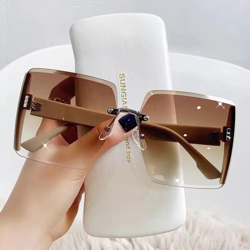 Hot Square Frame Frameless Trimmed Sunglasses Beach Fashion Shades Sunglasses Untuk Wanita