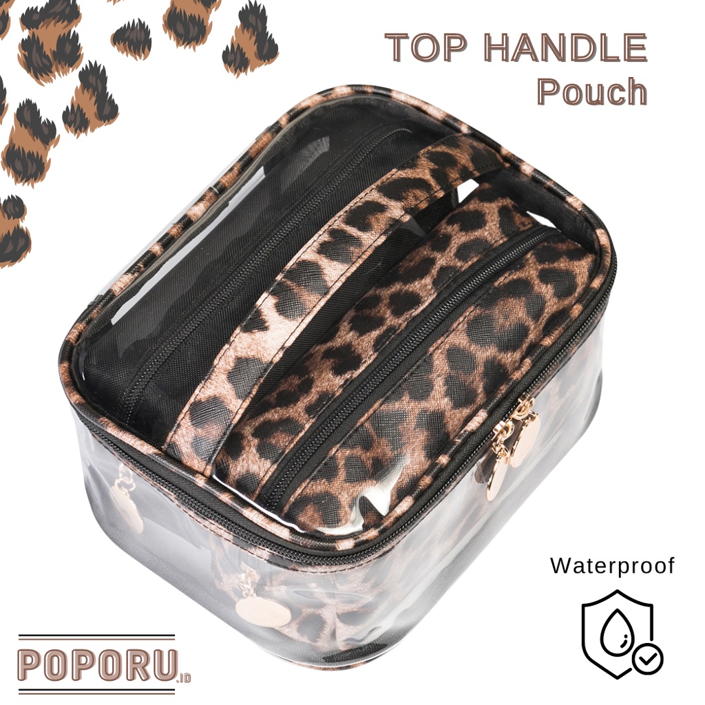 POPORU LEOPARD TRANSPARENT pouch - make up organizer transparan tas tempat makeup - bening kosmetik