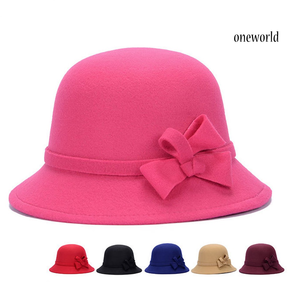 Oneworld Topi Bucket Wanita Bahan Wol Imitasi Aksen Pita Warna Polos Gaya Vintage Untuk Musim Gugur