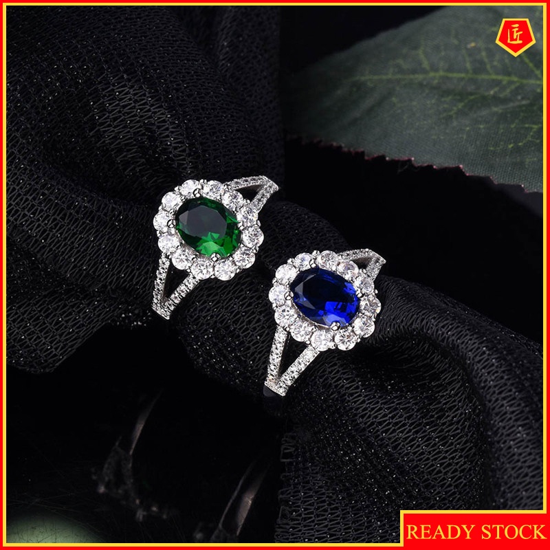 [Ready Stock]New Inlaid Sapphire Ring Luxury Temperament Emerald