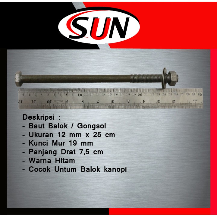 Baut Mur Hitam 12 x 250 mm ( 25 cm ) Kunci Mur 19 mm Baut