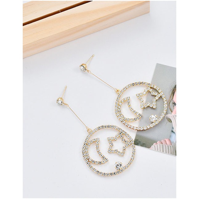 LRC Anting Tusuk Fashion Gold Full Circled Star And Moon Earrings D40217