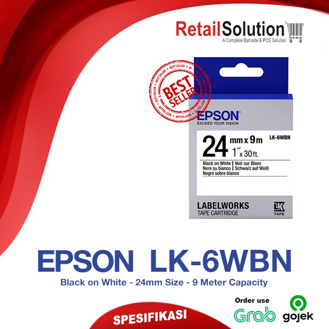 Tape Cartridge 24mm / 24 mm -  EPSON LK6WBN LK-6WBN Labelworks Black on White