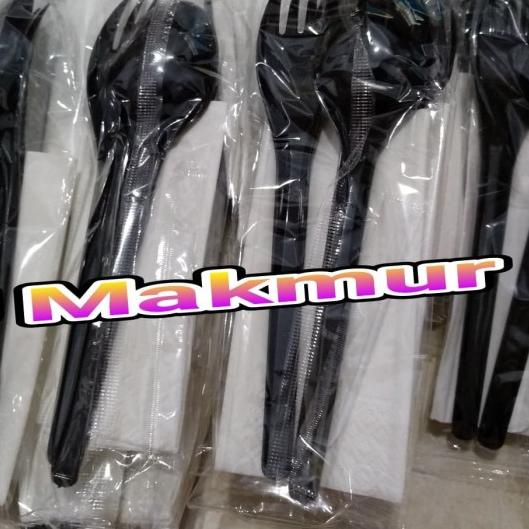 ♚ (50 set) Paket Sendok Garpu Plastik/ Set Garpu Sendok Plastik Hitam ◙