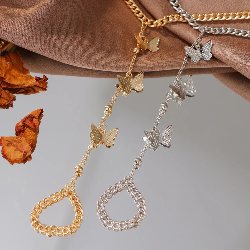[Women Vintage Simple Chain Butterfly Charm Finger Bracelets][Girls Bohemian Creative Adjustable Butterfly Ring Bracelets Gifts Jewellery Accessories]