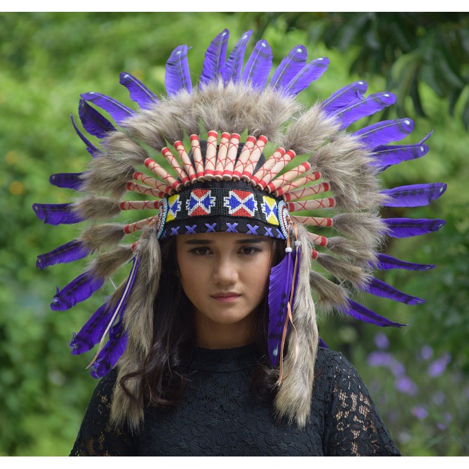 TOPI INDIAN - INDIAN HEADDRESS SMALL ANGSA MONTE UNGU FUR COKLAT TUTUL