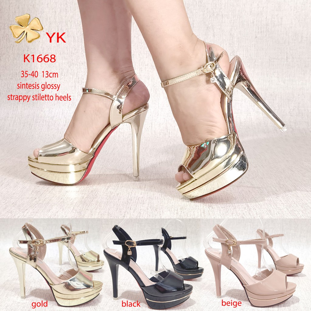 YKshoes 1635 heels 13cm strappy heels black beige gold shoes sepatu 1566 hak tali glossy tinggi 1668