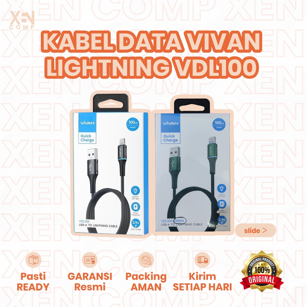 Vivan Kabel Data VDL100 2.4A Lightning Data Cable iPhone LED Light Quick Charge Garansi original