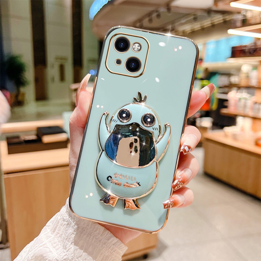 Cute Psyduck Case for iPhone 14 Pro Max iPhone 14 Plus iPhone13 iPhone12 iPhone11 Xs Cases Plating Duck Folding Stand Holder Rubber Soft Phone Cover