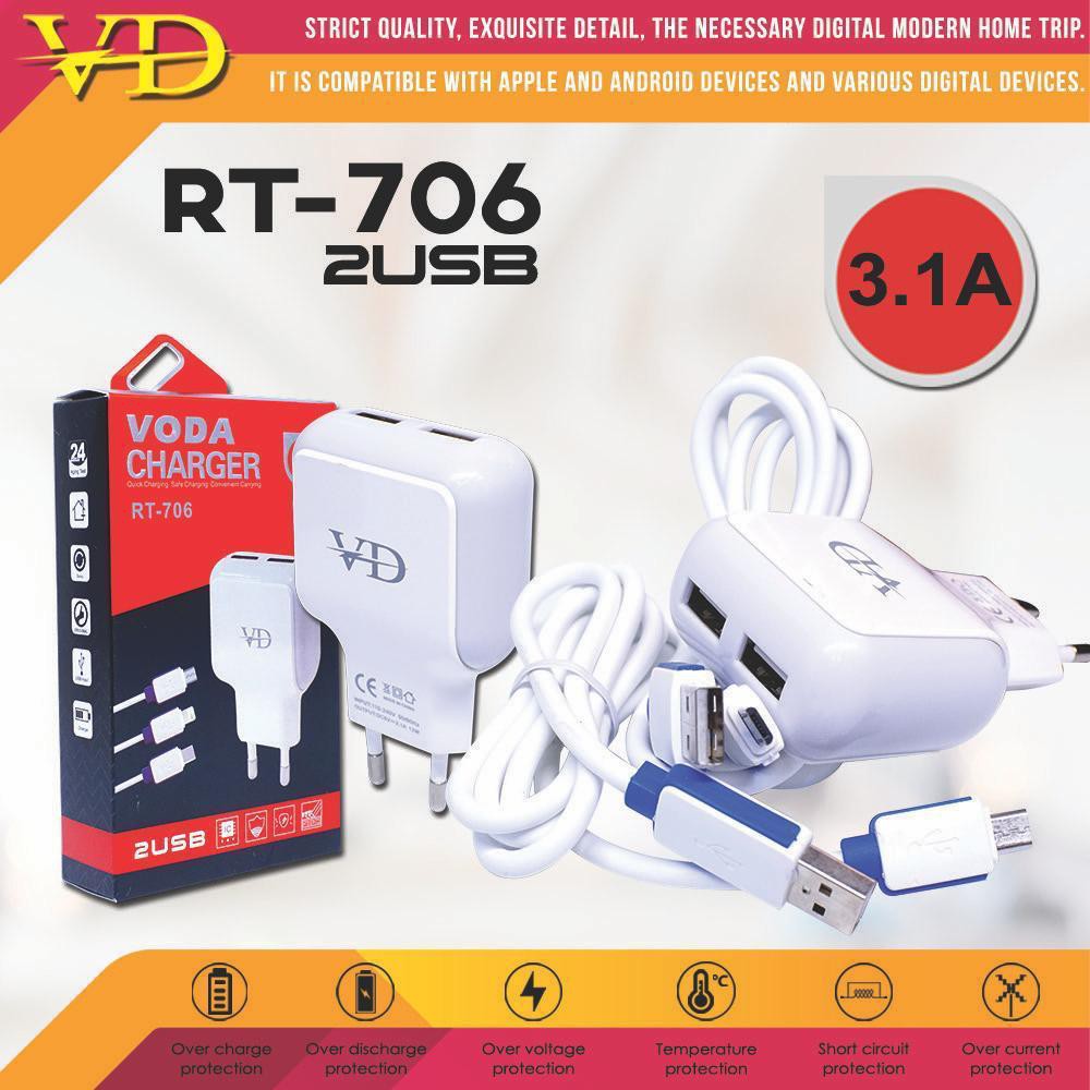 TRAVEL CHARGER VODA RT-706 3.1A 2USB + KABEL MICRO/V8