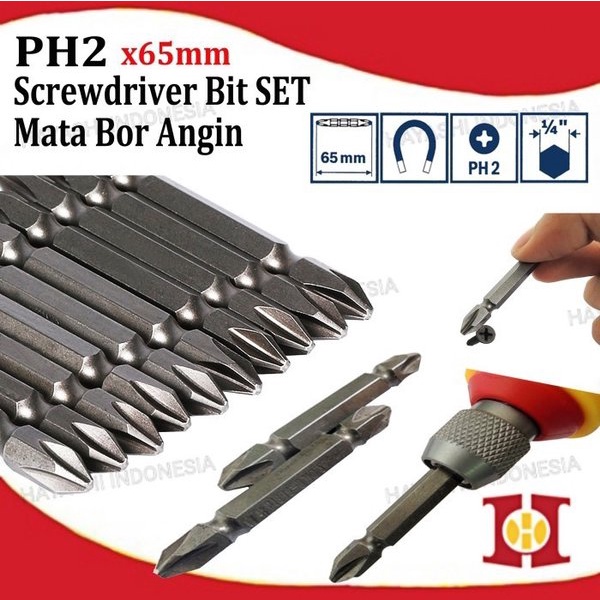 Mata Bor Angin Obeng Kembang Magnet Bolak Balik Double End PH 2 x 65mm - 10pcs